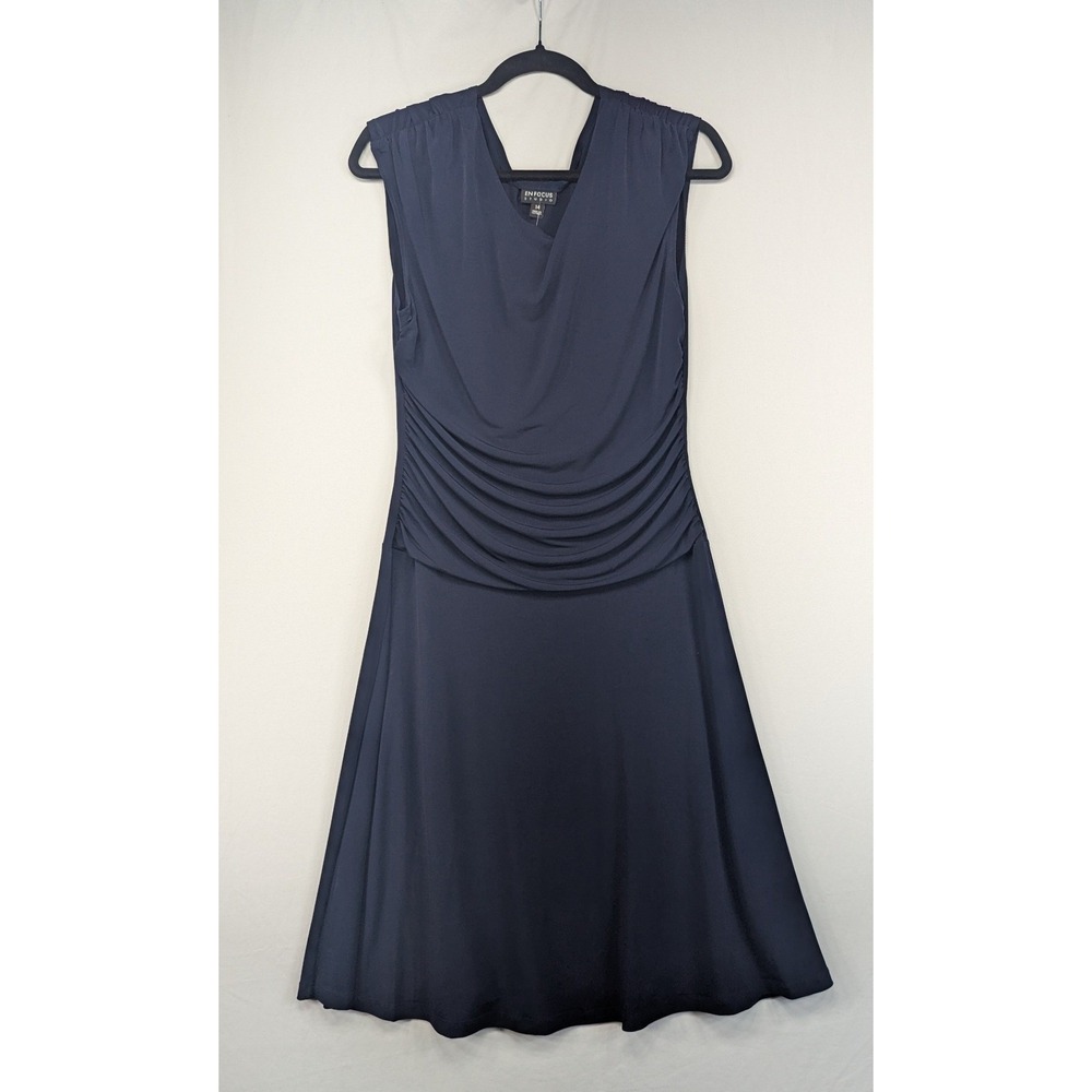Enfocus Studio Navy Blue Ruched Cowl Neck Sleeveless Midi Dress Size 14